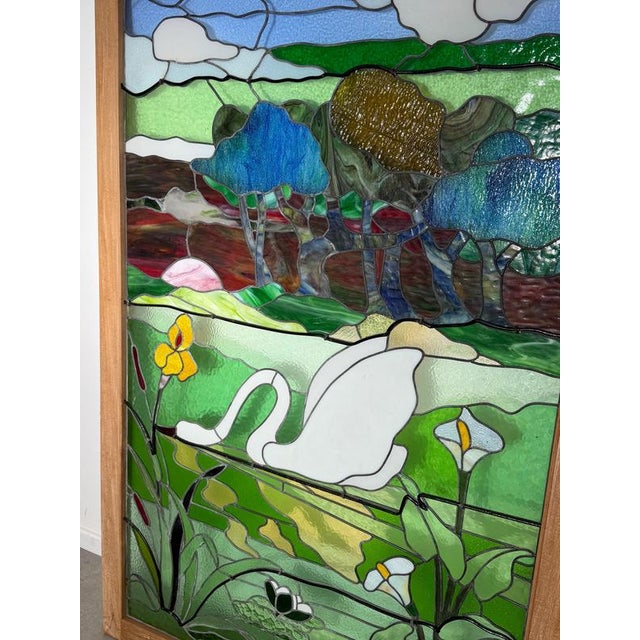 Large Stained Glass Panel with Swan Landscape For Sale - Image 4 of 7