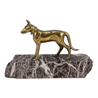 Hollywood Regency Stylized Brass Greyhound Sculpture on Marble Base, 1960s For Sale