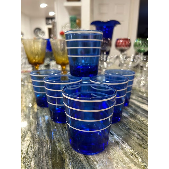 Mid-Century Modern 1950s Hazel Atlas Low Ball Cobalt Blue Tumblers With White Rings - Set of 7 For Sale - Image 3 of 9