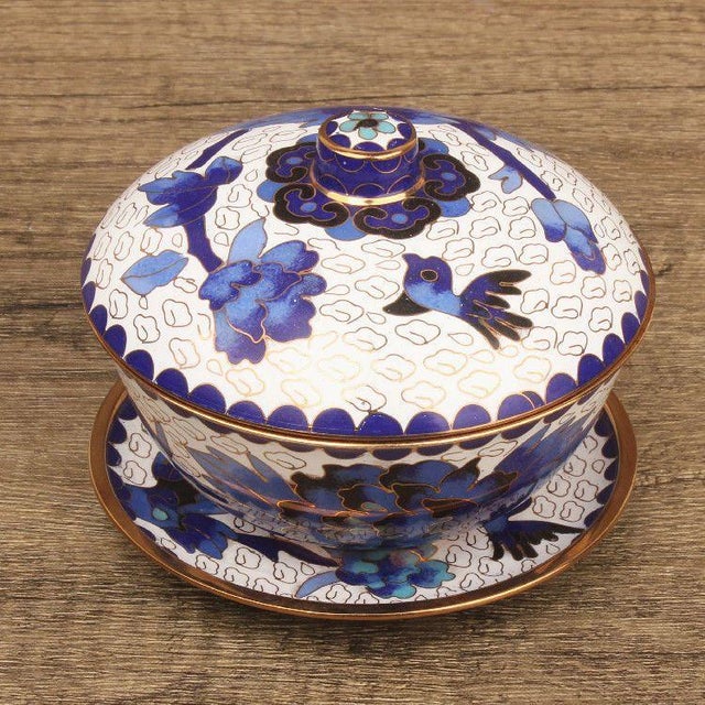 Vintage Cloisonné Enamel Lidded Bowls With Saucers – Floral & Bird Motif - Set of 4 For Sale - Image 16 of 18