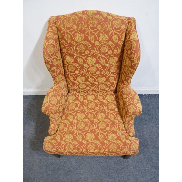 Red Henredon Furniture Traditional Gold & Terracotta Scrolling Demask Upholstered Accent Wingback Arm Chair For Sale - Image 8 of 10