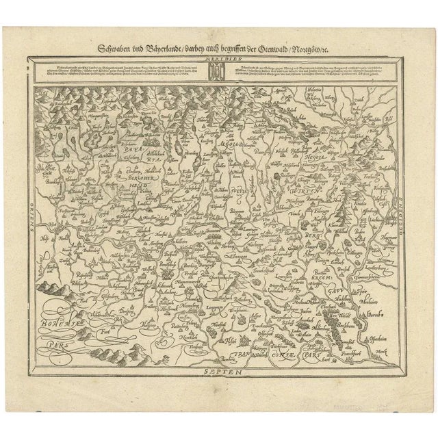 Woodcut Map of Swabia and Bavaria in Germany, 1628 For Sale - Image 6 of 6