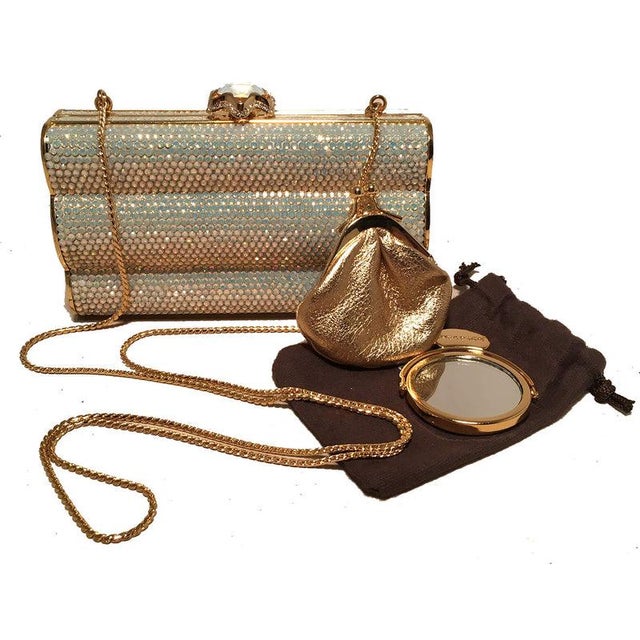 Judith Leiber Iridescent Swarovski Crystal Gold Minaudiere Evening Bag Clutch For Sale - Image 9 of 9