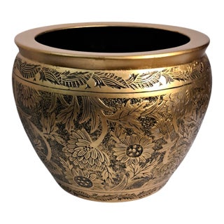 Large Vintage Chinoiserie Black & Gold Embossed Ceramic Cachepot Planter For Sale