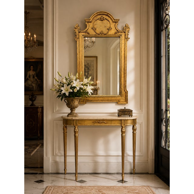 Bring timeless elegance to your home with this beautifully restored neoclassical console table and matching mirror....
