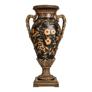 French-Style Black Porcelain Vase – Hand-Painted Floral Motifs With Gilded Bronze Details For Sale