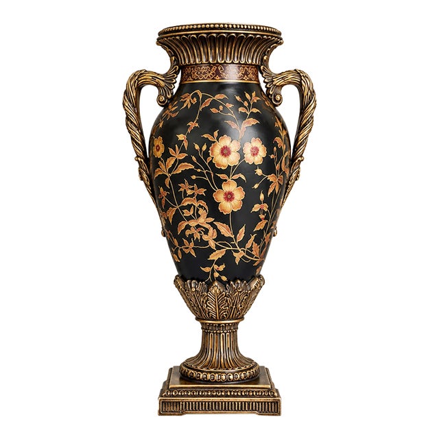 French-Style Black Porcelain Vase – Hand-Painted Floral Motifs With Gilded Bronze Details For Sale