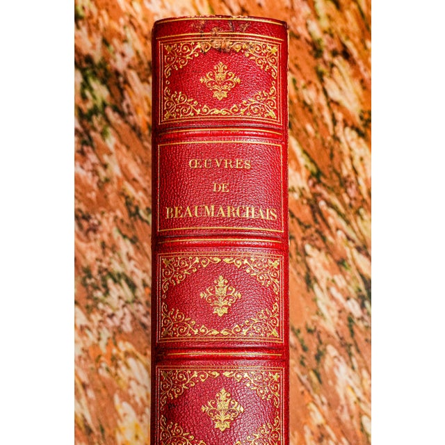 Victorian Beautiful Ornate Red Leather Antique French Book Works of Beaumarchais Hand Painted Illustrations For Sale - Image 3 of 12