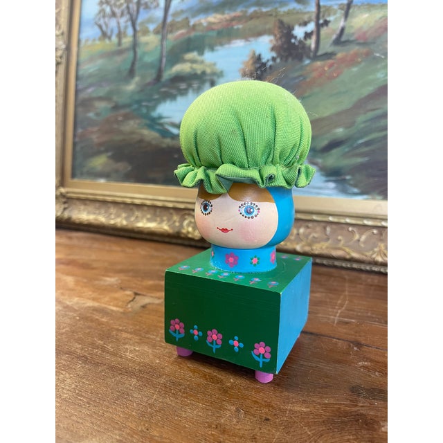 Wood Vintage Hand-Painted Folk Art Doll Figurine on Wooden Block Base With Fabric Bonnet, Signed Mary Maki Rae For Sale - Image 7 of 10