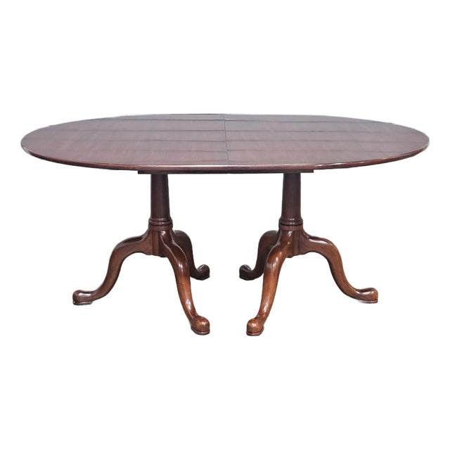 1990s Henkel Harris Wild Black Cherry Two Pedestal Dining Table 3 Leaves & Table Pads For Sale