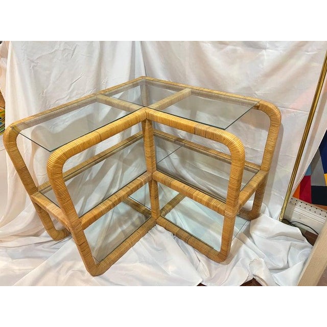 Bielecky Brothers 1970's Bielecky Brothers Wrapped Rattan and Glass Waterfall Corner Etagere For Sale - Image 4 of 14