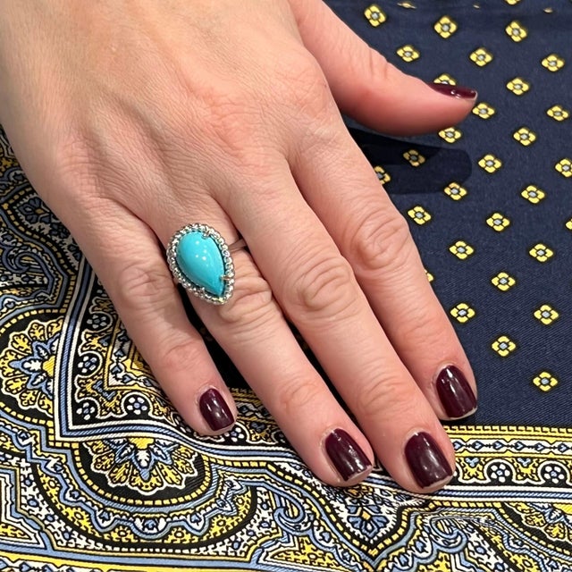 Metal Natural Persian Turquoise Ring Size 6 14k White Gold 6.21 TCW Certified For Sale - Image 7 of 13
