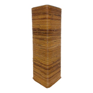 Vintage Pencil Reed Rattan Pedestal With Black Glass For Sale