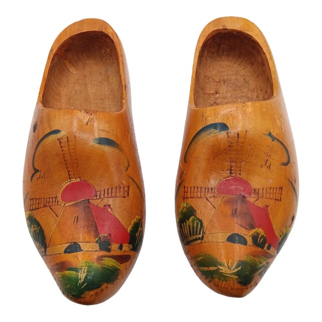Vintage Hand Painted Dutch Wooden Clogs For Sale
