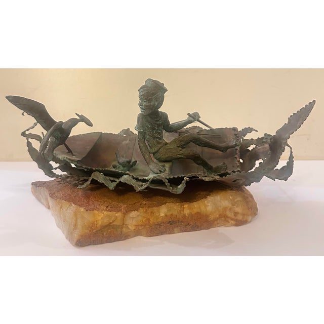 1970s Boy Fishing Figural Sculpture on Stone Base For Sale In Miami - Image 6 of 12