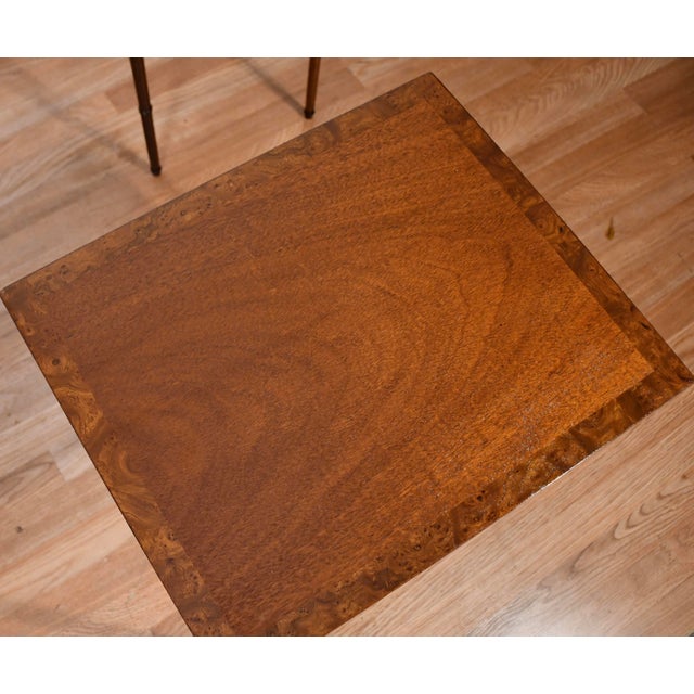 1960s Vintage Baker Furniture English Mahogany Burl Wood Nesting Tables Tiered Set For Sale - Image 12 of 13