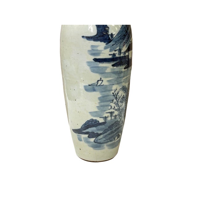 Ceramic Oriental Small Blue White Calligraphy Scenery Graphic Porcelain Art Vase For Sale - Image 7 of 12