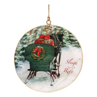 Metal Couple Sleigh Ride Disc Ornament (Set of 6) For Sale