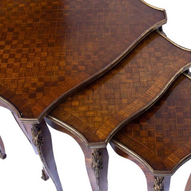 Set Three Louis XV-Style Kingwood and Parquetry Nesting Tables, French, C. 1880 For Sale - Image 6 of 13