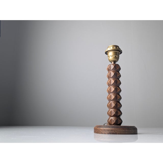 Wood Vintage Table Lamp in Oak with Parchment Leather Shade by Charles Dudouyt, France, 1950s For Sale - Image 7 of 11