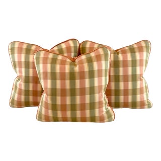 Designer Kravet Couture Green Gold Orange Salmon Peach Plaid Silk Pillow Covers- 3 Pc Set For Sale