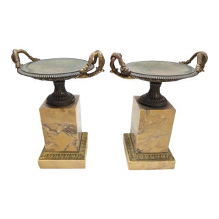 Pair of 19th-Century Bronze Tazzas Featuring Gilt Snake Handles and Siena Marble Stands For Sale