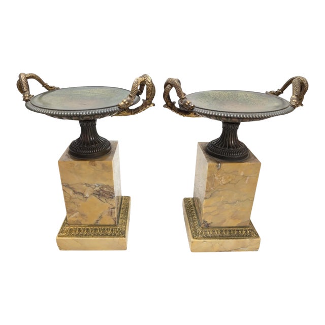Pair of 19th-Century Bronze Tazzas Featuring Gilt Snake Handles and Siena Marble Stands For Sale