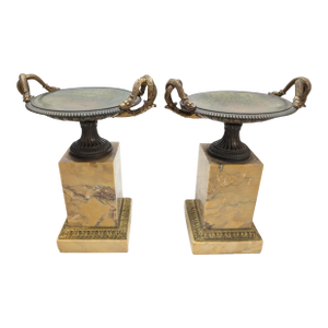 Pair of 19th-Century Bronze Tazzas Featuring Gilt Snake Handles and Siena Marble Stands