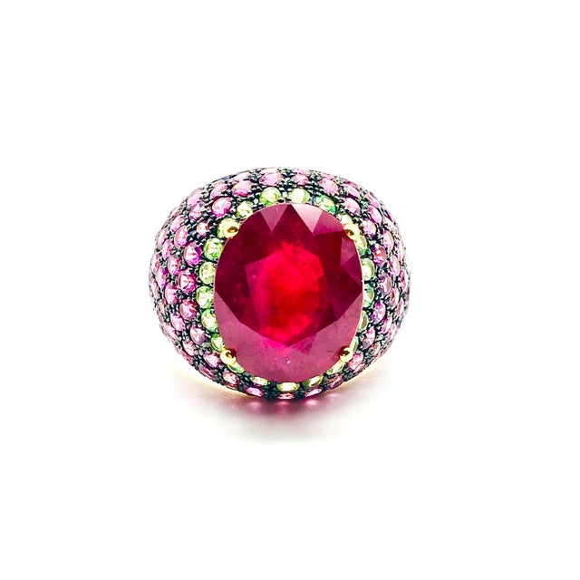 Ruby Red Bochic "Orient" Vintage Ruby, Emerald & Sapphire Ring Set 18K Gold & Silver For Sale - Image 8 of 18