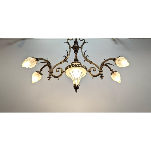 Brass Antique French Brass & Glass Art Nouveau Chandelier For Sale - Image 8 of 11