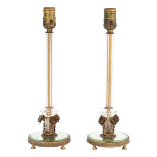 Art Deco Cut Crystal and Brass Lamps, Pair For Sale