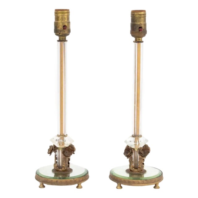 Art Deco Cut Crystal and Brass Lamps, Pair For Sale