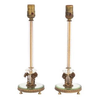 Mid 20th Century Art Deco Cut Crystal and Brass Lamps, Pair For Sale