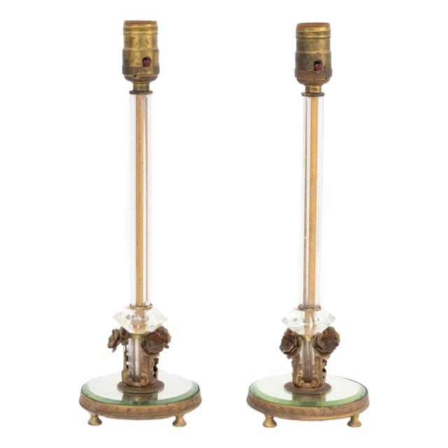 Mid 20th Century Art Deco Cut Crystal and Brass Lamps, Pair For Sale