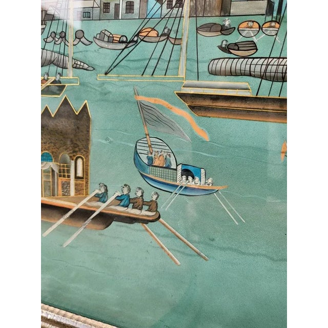 View of a Port in Asia, 20th Century, Reverse Glass Painting For Sale - Image 11 of 13
