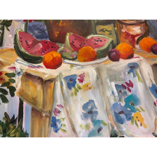 Beautiful and brilliiant multi-colored French Country Painting. Frame is light and simple knotty pine wood. 40" W x 34"H.