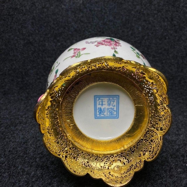 Vintage Gilt Bronze Mounted Porcelain Vase - Famille Rose Floral Motif For Sale In Los Angeles - Image 6 of 9
