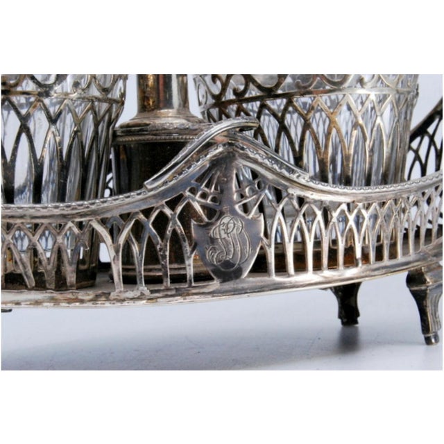 Cruet with Silver Structure Cut Into the Shape of Nave with Two Cut Glass Cruets on Four Raised Feet and Silver Lid Support For Sale - Image 3 of 11