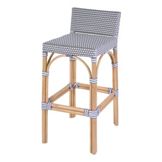 Serienna 30 in. Seat Height Rectangular Rattan Low Back Bar Stool, Gray/White Dot / Natural Rattan Frame For Sale