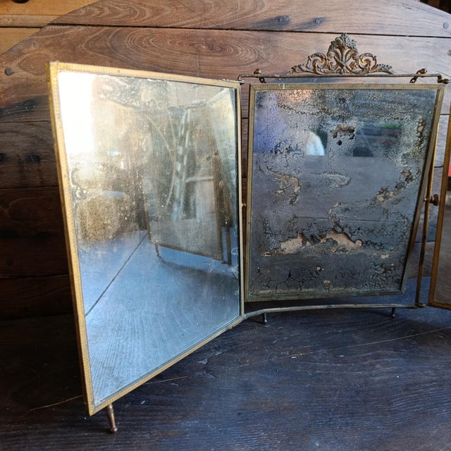 Antique French Gilt Metal Triptych Mirror with Floral Crest, 1890s For Sale - Image 6 of 12