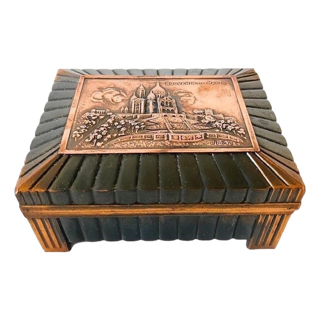 Art Deco Jewelry Box with Copper Image of Notre Dame from Orféar Paris, 1920s For Sale
