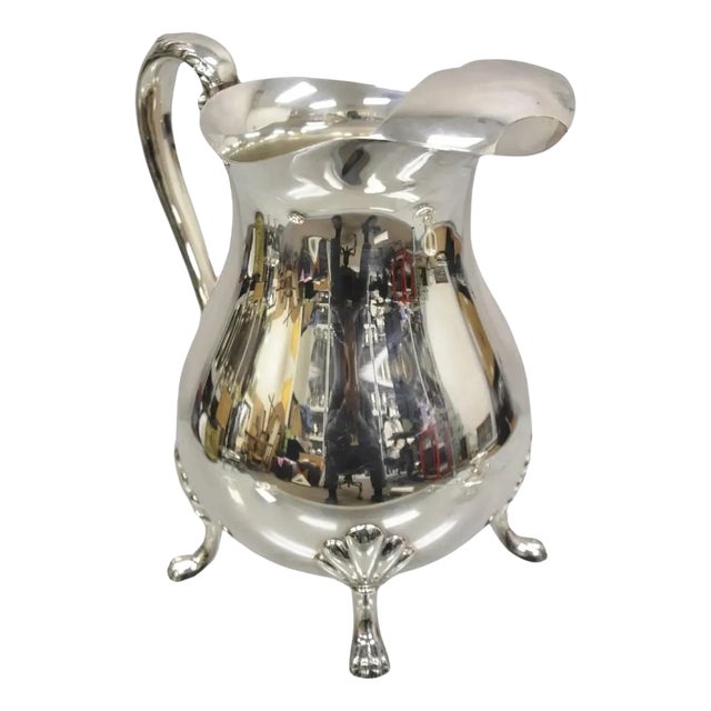Vintage Crescent Victorian Silver Plated Bulbous Water Pitcher on Paw Feet For Sale