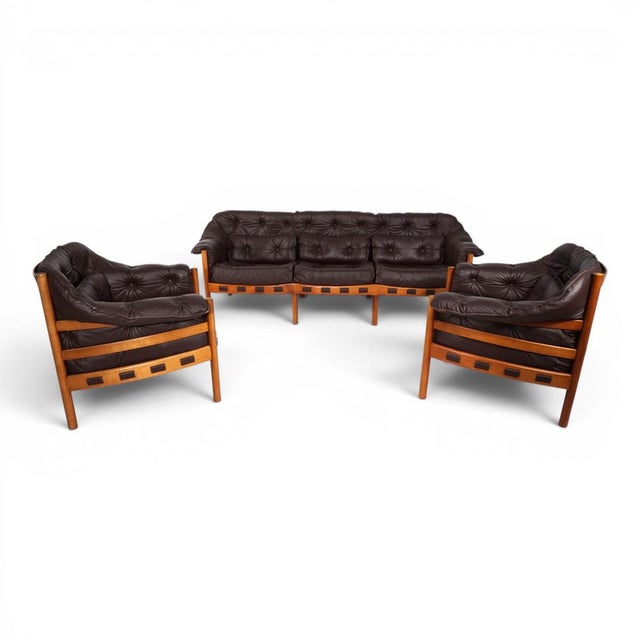 Coja Living Room Set with 3-Seater Sofa and 2 Lounge Chairs in Brown Leather by Sven Ellekaer, 1960, Set of 3 For Sale - Image 10 of 18