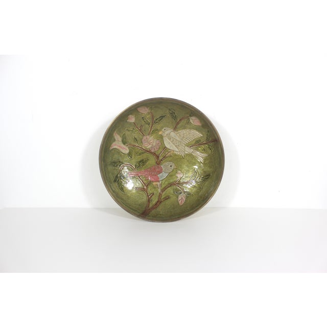 Olive Vintage Enamelled Brass Pedestal Bowl Hand Painted Enamel Birds and Flowers Green Pink For Sale - Image 8 of 13