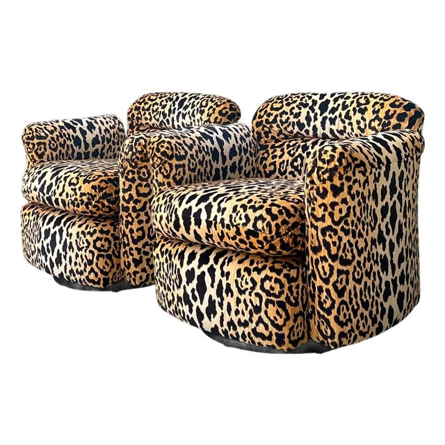 Vintage Leopard Velvet Swivel Chairs - Pair For Sale