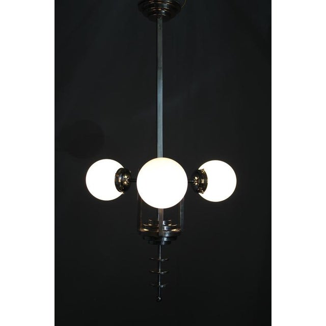 Czechoslovak Art Deco Nickel Chandelier with Opaline Glass Globes, 1930s For Sale - Image 11 of 12
