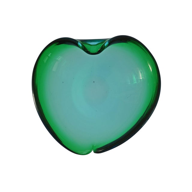 Elegant MCM style, large heart-shaped mouth-blown green-blue glass bowl with polished pontil. With its refined and...
