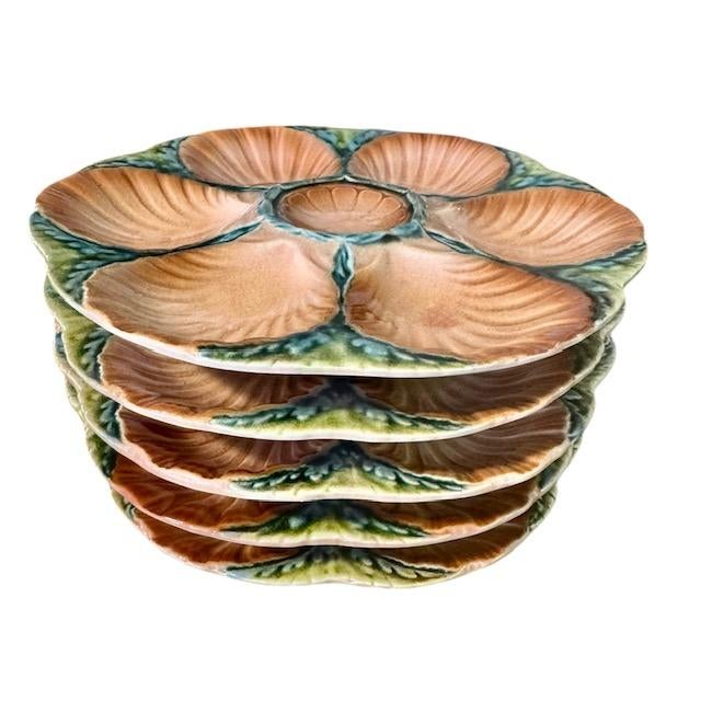 Late 19th Century Sarreguemines Majolica Seaweed and Shell Barbotine Oyster Plate - Sold Individually For Sale In Charleston - Image 6 of 10