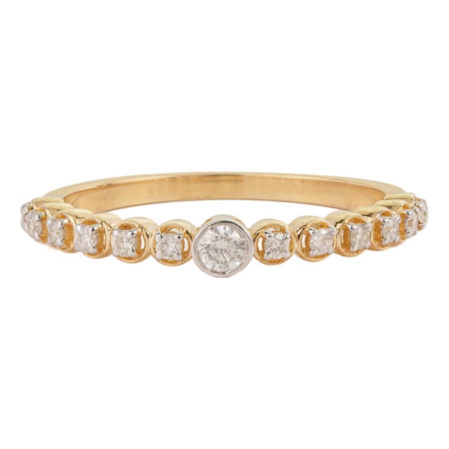 Bezel Set Center Diamond Anniversary Band in 14k Yellow Gold Size 5.5 For Sale