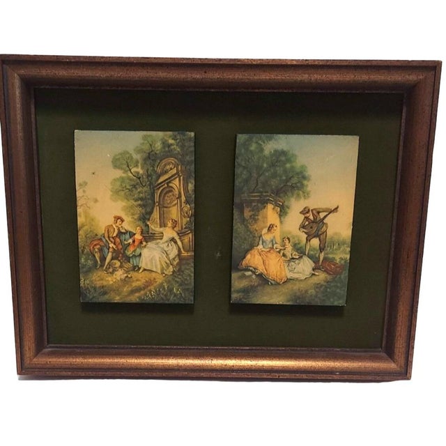 Italian Vintage Hanging Art 2 Prints Green Velvet Florentine Style Gold Framed 10 X 13 Inches For Sale - Image 3 of 10
